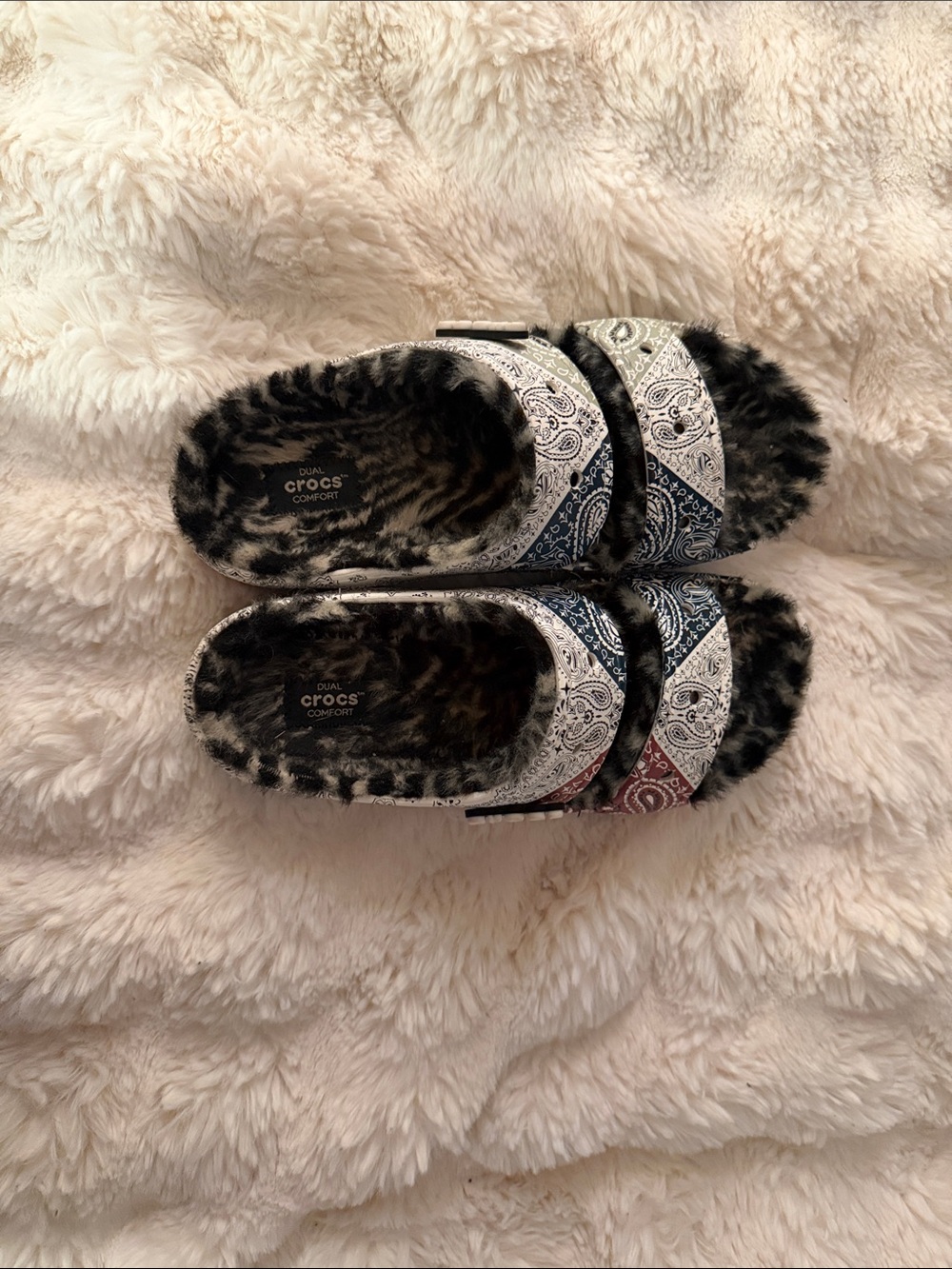 CROCS Fur-Lined Bandana Mule in Black with Multicolor Accents